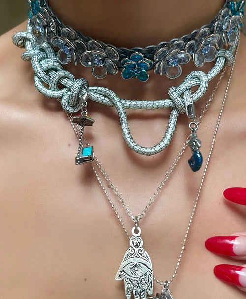 CRYSTAL FLOWER CHOKER NECKLACE - SILVER & BLUE