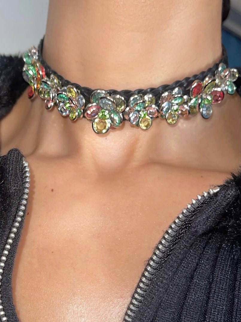 CRYSTAL FLOWER CHOKER NECKLACE - BLACK & MULTI-COLOR